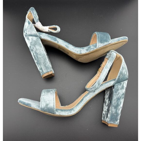 Ankle Strap Open Toe Block Heels Womens 8 Velvet Sandals Teal Blue New NIB - Picture 1 of 7
